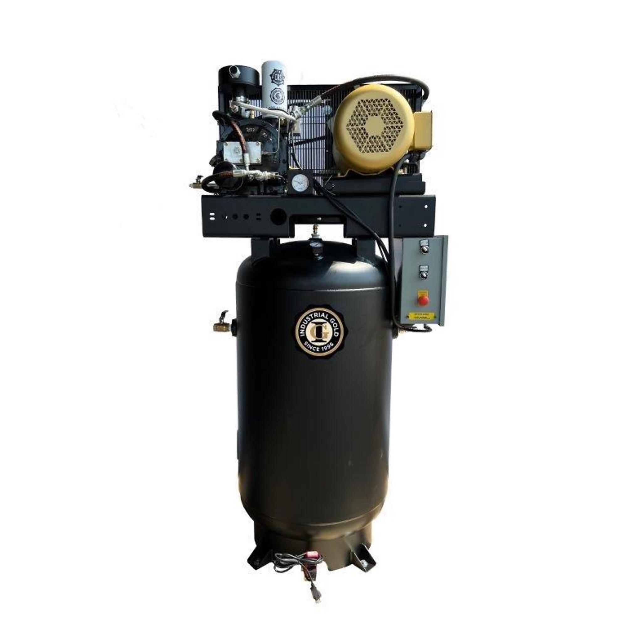 Industrial Gold, 10hp 3 phase 208-230V 80 Gallon Tank Mount Rotary, Horsepower 10 HP, Air Tank Size 80 Gal, Volts 208-230 Model# R103V83